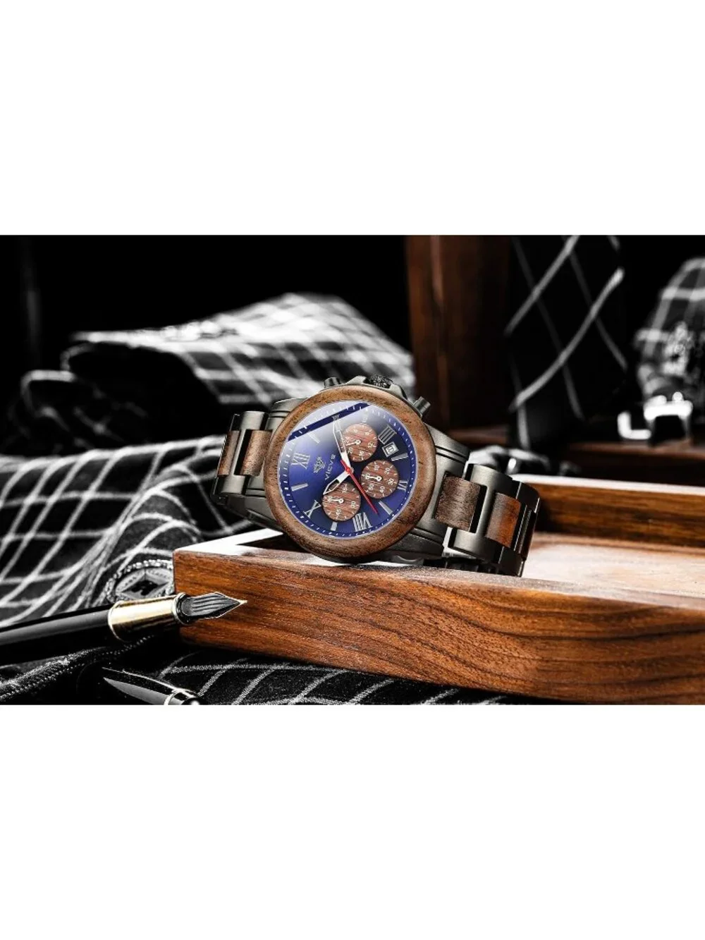 Men's Black Blue Stainless Steel Chronograph Quartz Multifunctional Wooden Watch